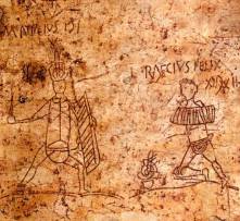 In Pompei, graffiti on the walls often depict popular gladiators, such as these two thraeces, M. Attilius and L. Raecius Felix.