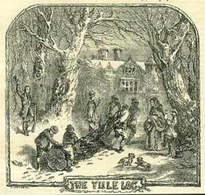 An illustration of people collecting a Yule log from Chambers Book of Days (1832) p. 736