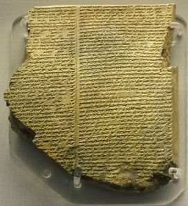 Part of a clay tablet, containing the Epic of Gilgamesh, tablet 11, story of the Flood. In the British Museum. Image courtesy of Fæ.