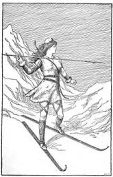 Skadi hunting in the mountains. Illustration by H.L.M. in 1901.