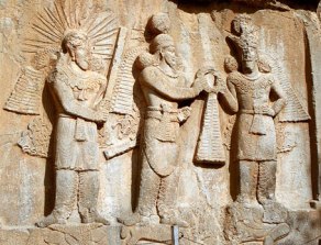 Investiture of Sassanid emperor Shapur II (center) with Mithra (left) and Ahura Mazda, ‘the good twin’ (right) at Taq-e Bostan, Iran. Source: Wikipedia 
