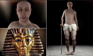 The shocking recreation of King Tut compared to his burial mask. Image credit: Daily Mail,