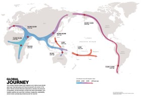 Geneticists map the human journey out of Africa. Click to view a video of the map and the journey. Image: National Geographic.
