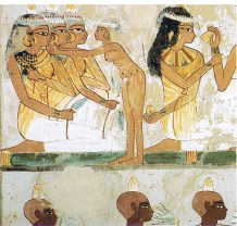 Ancient Egyptian women and men wearing kohl eyeliner, from the tomb of Nakht in Thebes (15th century BCE).