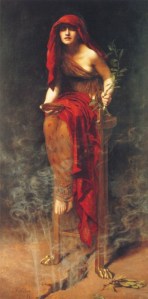 Priestess of Delphi (1891), as imagined by John Collier; the Pythia is inspired by pneuma rising from below as she sits on a tripod.